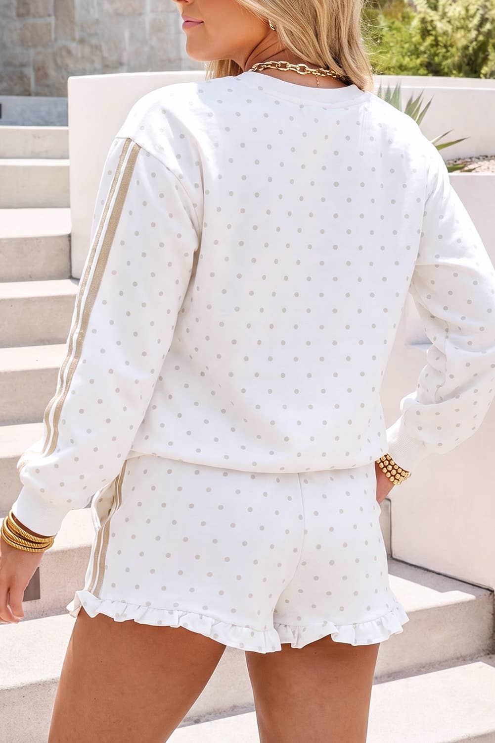 Casual Shift Polka Dots Patchwork long sleeve Short Sets