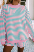 Stripe Colorblock Pullover Elastic Waist Shorts 2pcs Set