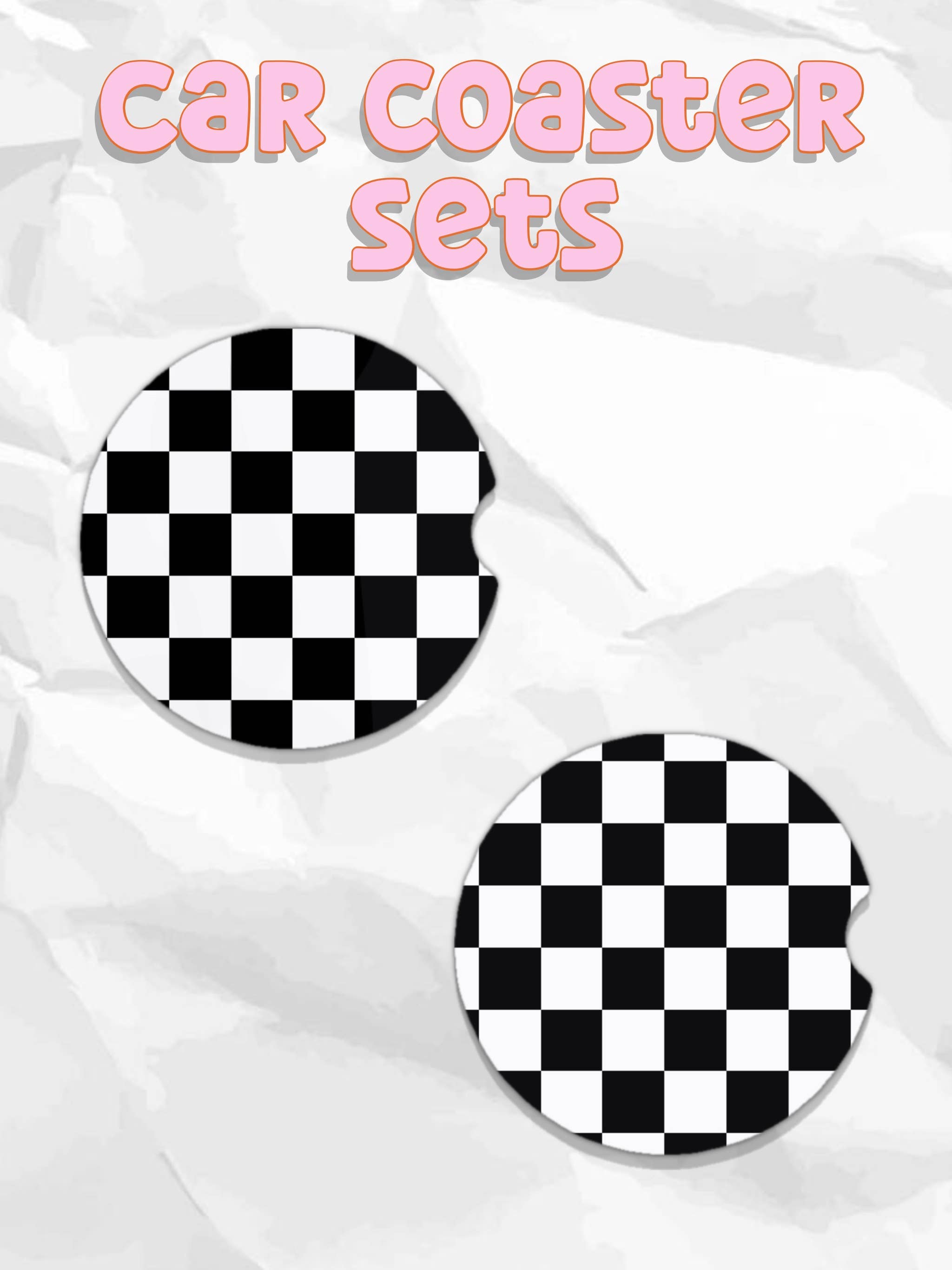 Checkered black and white car coasters