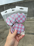 Checkered light pink car coasters