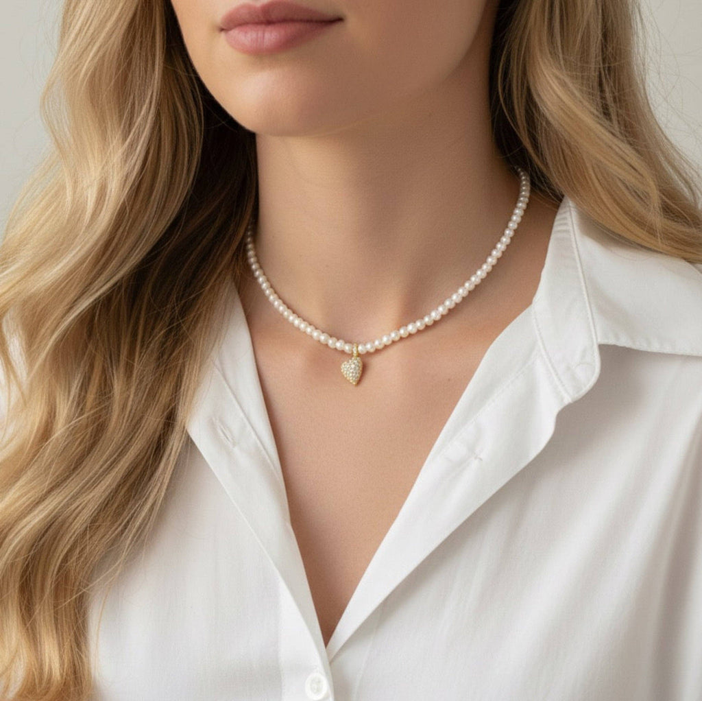 Crystal Heart Charm Pearl Necklace