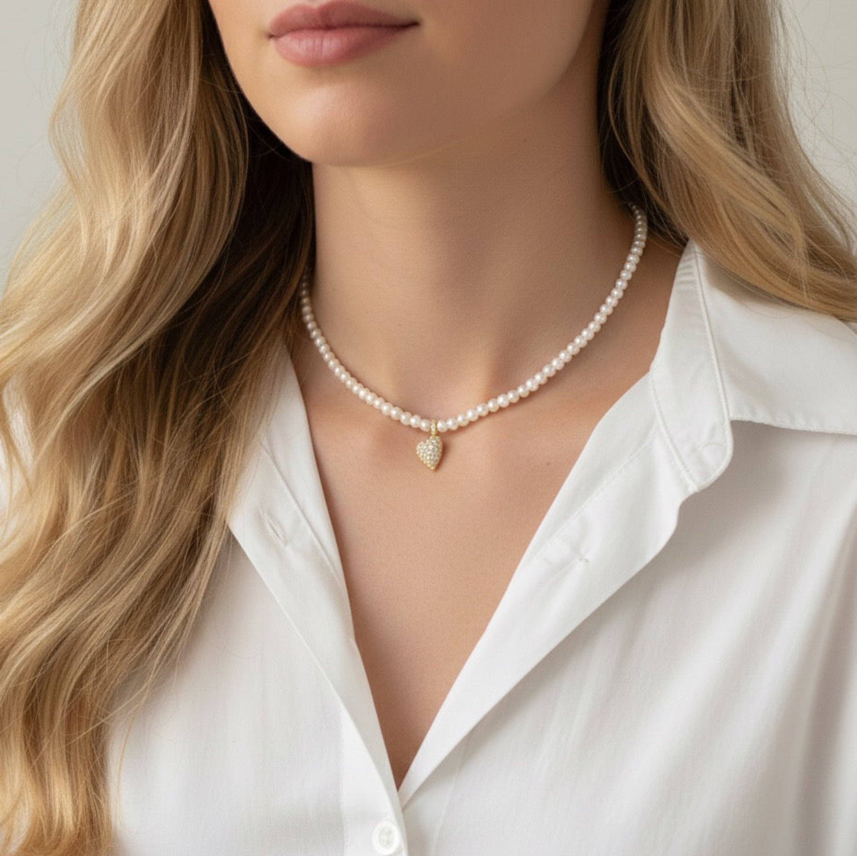 Crystal Heart Charm Pearl Necklace