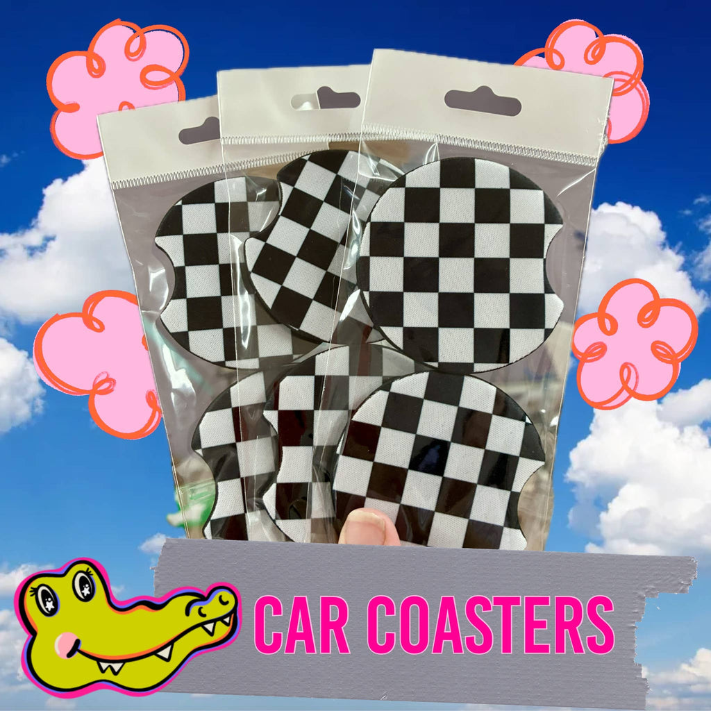 Checkered black and white car coasters