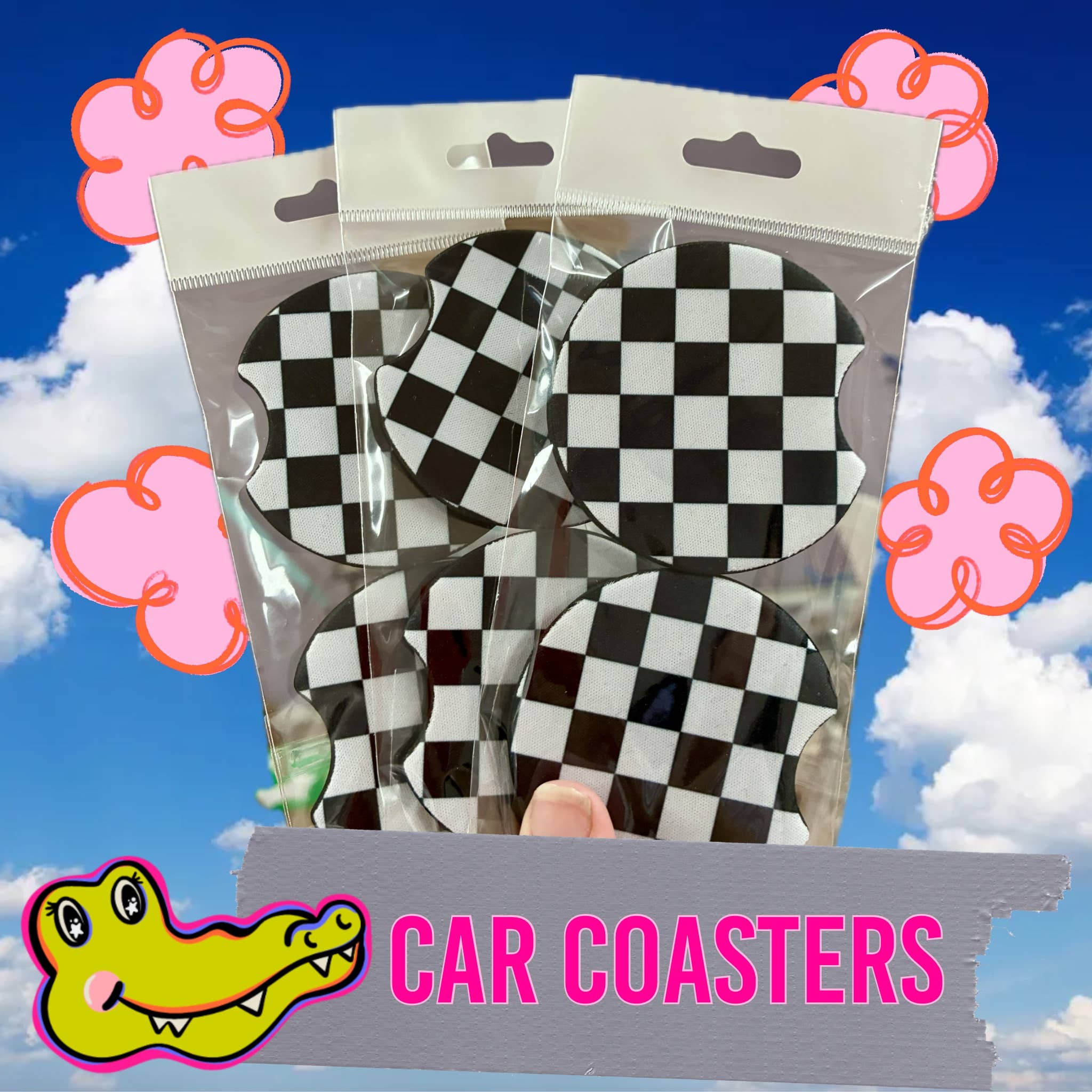 Checkered black and white car coasters