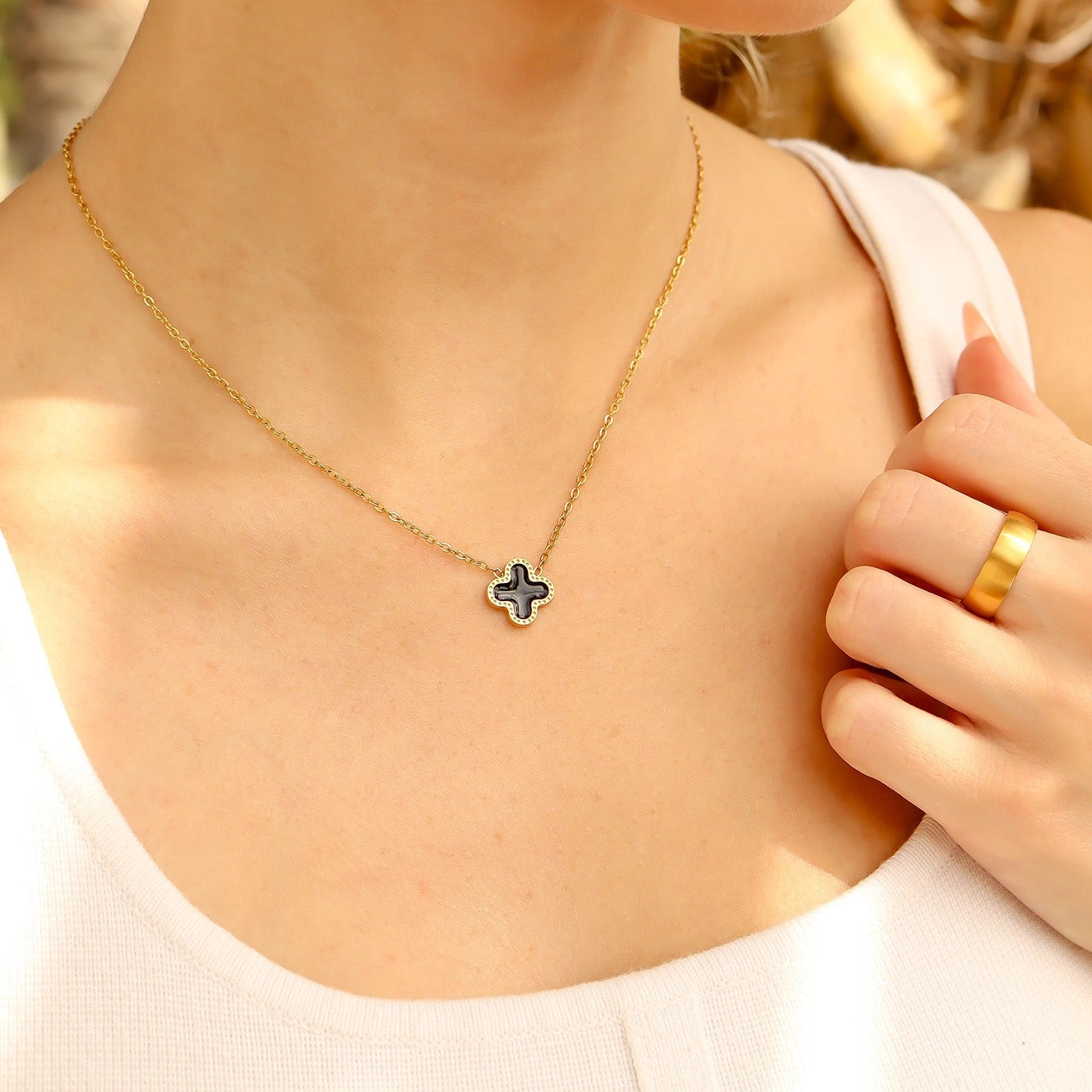 Black Lucky Clover Charm Necklace