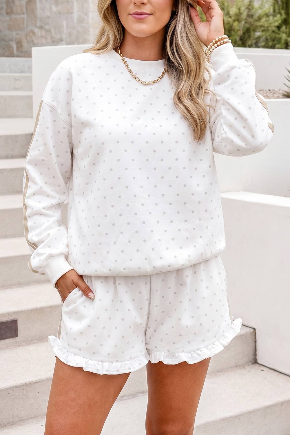 Casual Shift Polka Dots Patchwork long sleeve Short Sets