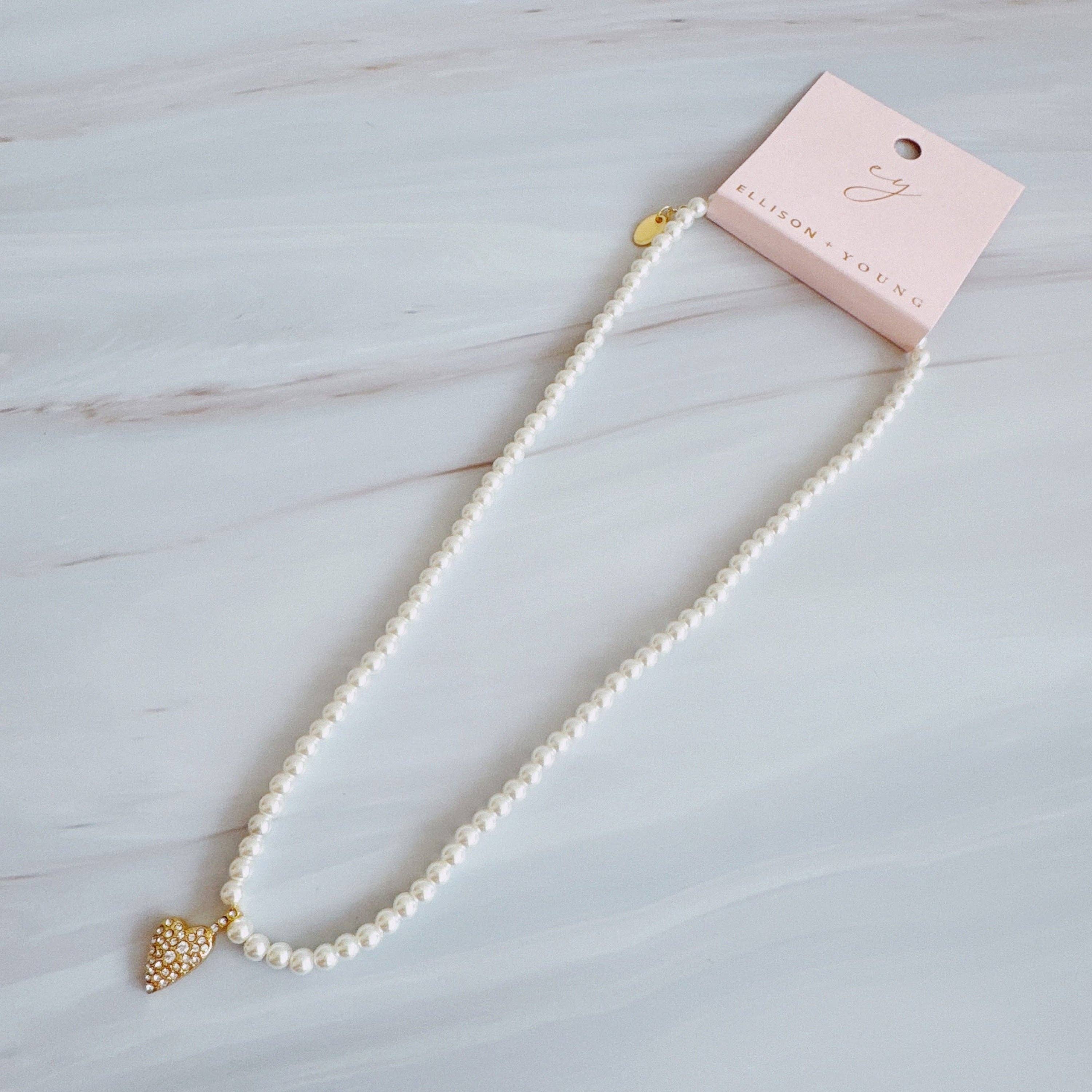 Crystal Heart Charm Pearl Necklace