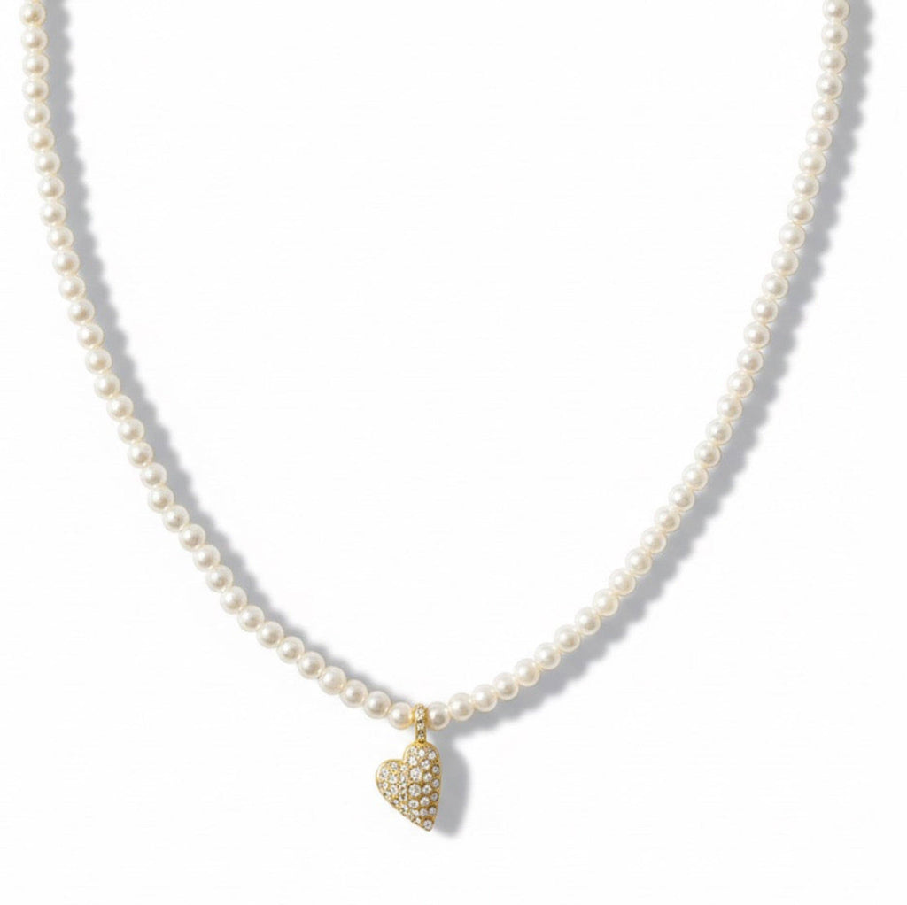 Crystal Heart Charm Pearl Necklace