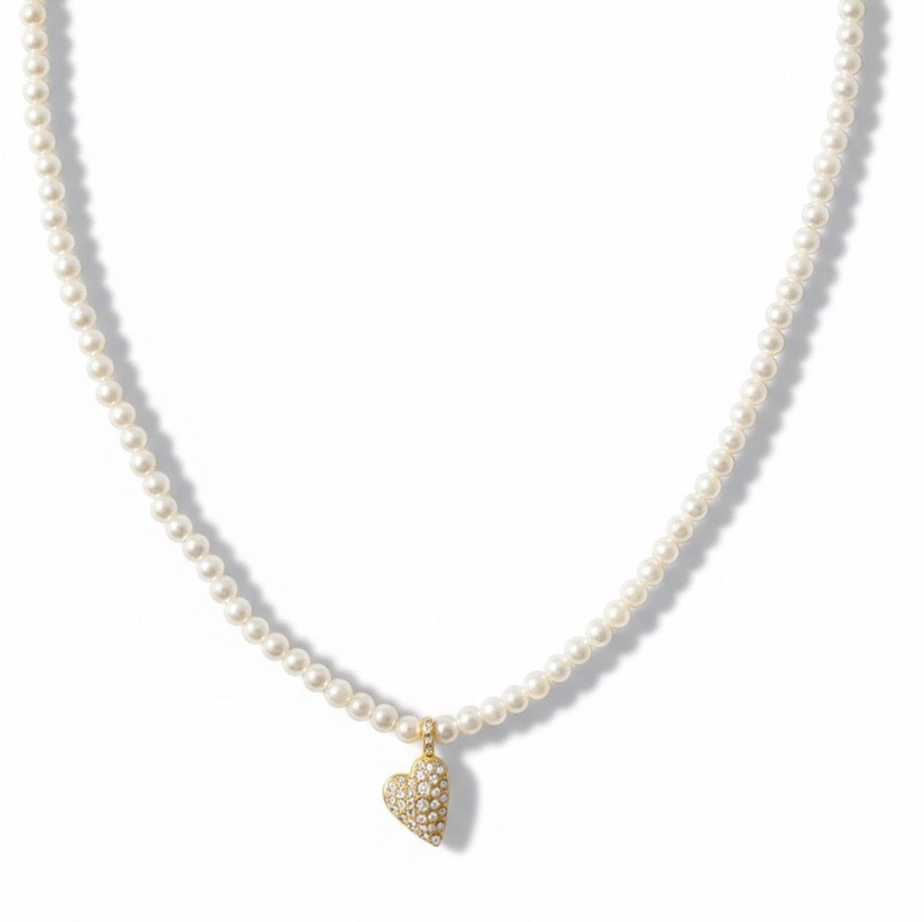 Crystal Heart Charm Pearl Necklace