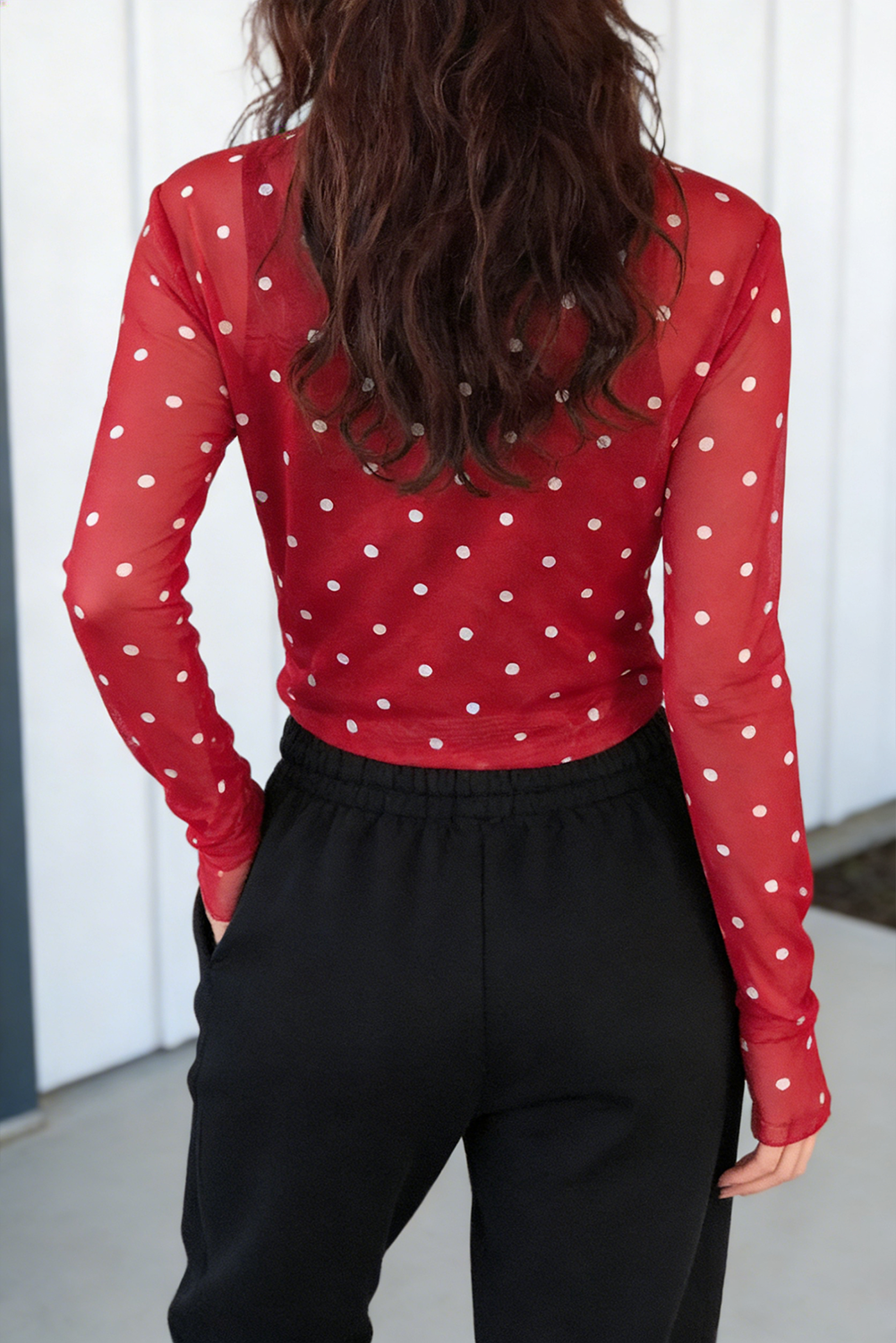 LAS Polka Dot Patterned Bodycon Mock Neck Mesh Top (S-XL)